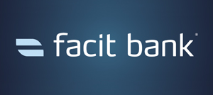 Firkantet logo av Facit Bank forbrukslån, en datterbedrift i Norge av det danske moderselskapet.